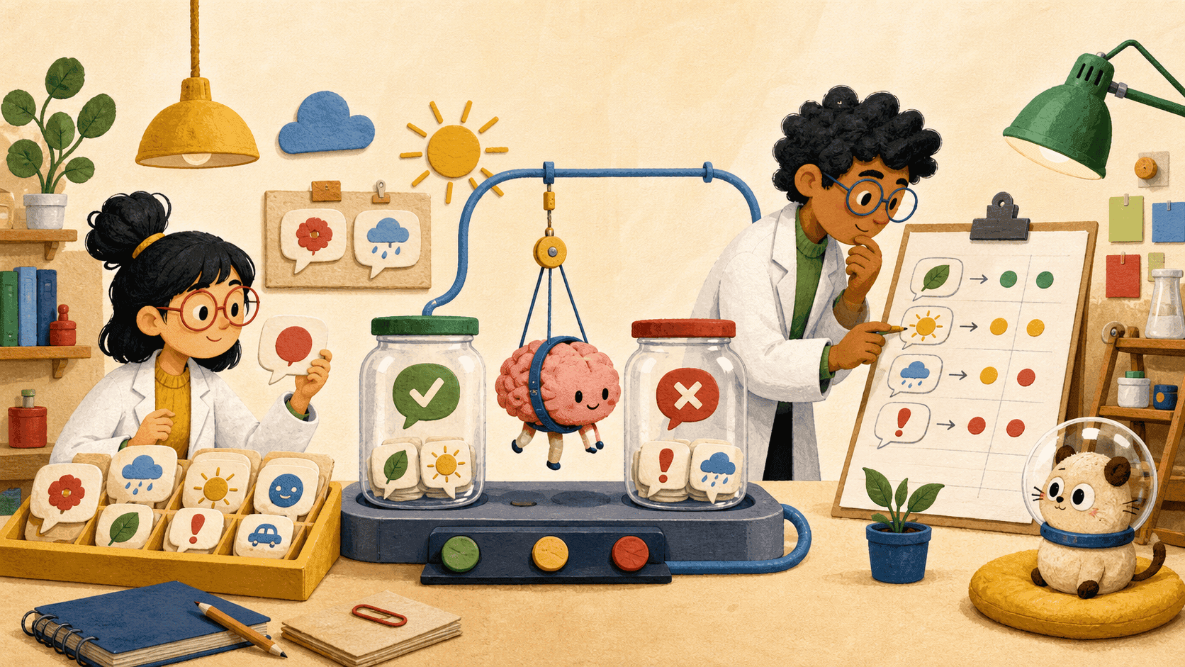 A warm cartoon research lab testing a small pet brain with speech examples and evaluation jars